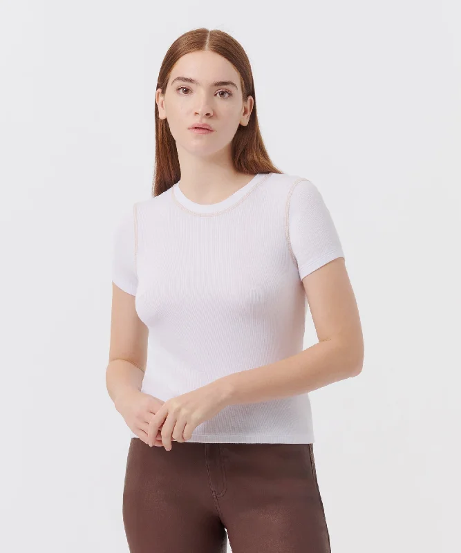 Modal Rib Contrast Stitch Top - White/ Clay Special Offer For You