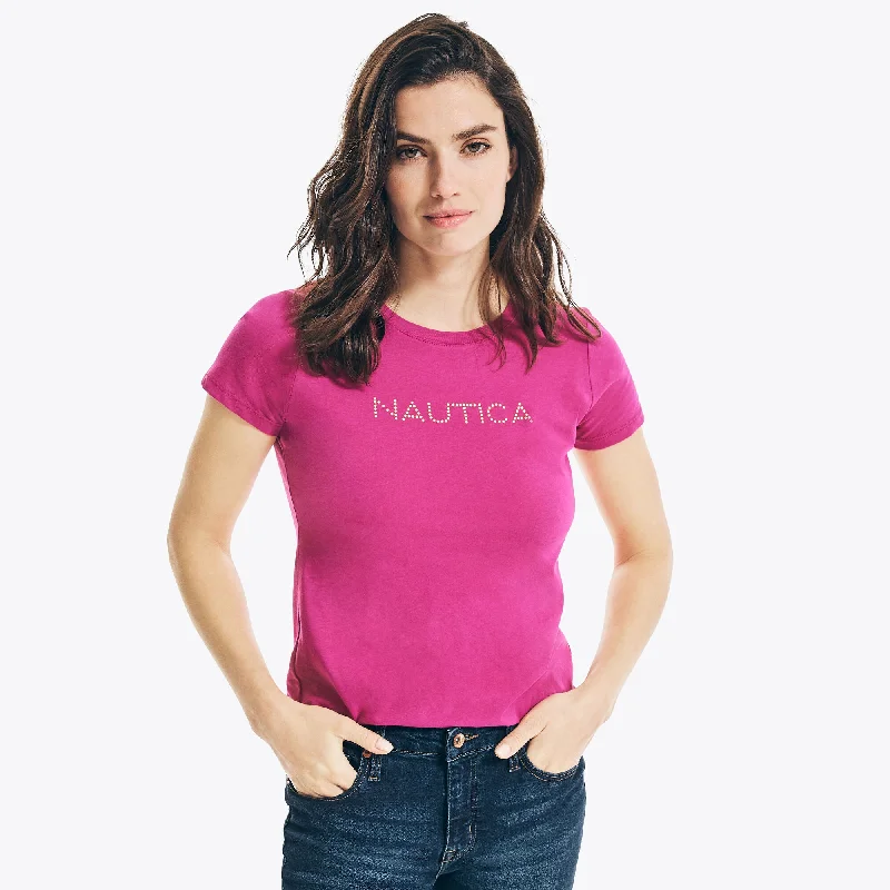 Nautica Womens Studded Logo Crewneck T-Shirt Seasonal Fashion