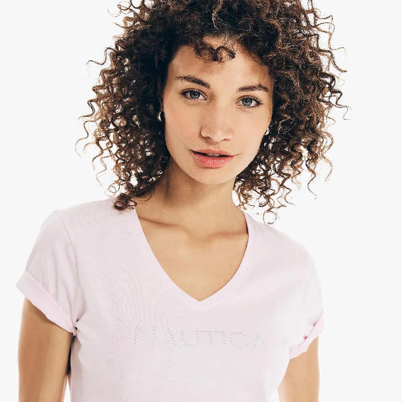 Nautica Womens Studded Logo V-Neck T-Shirt Flash Sale Starts