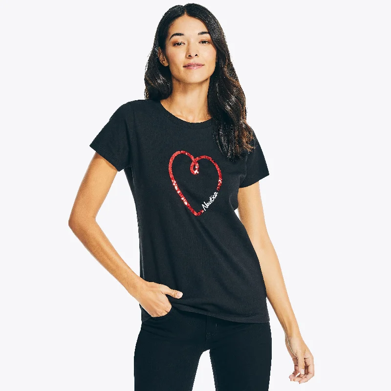 Nautica Womens Sustainably Crafted Sequin Valentine's Heart Puff Graphic T-Shirt Playful Elegance