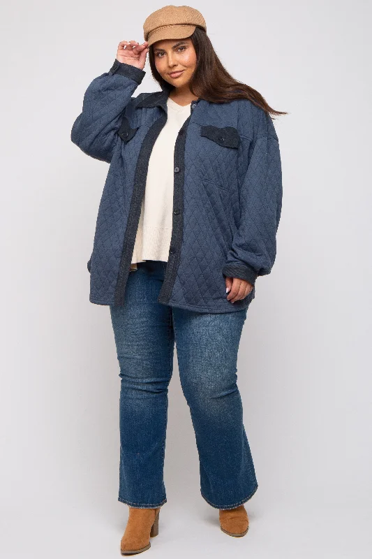 Navy Blue Colorblock Quilted Plus Shirt Jacket Effortless Comfort