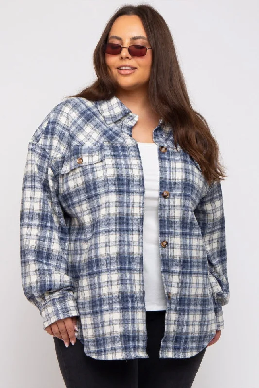 Navy Blue Flannel Plaid Button Up Plus Shacket Feminine Allure