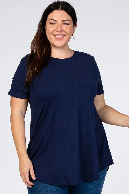 Navy Blue Round Hem Short Sleeve Plus Top Trendy Street Style Attire