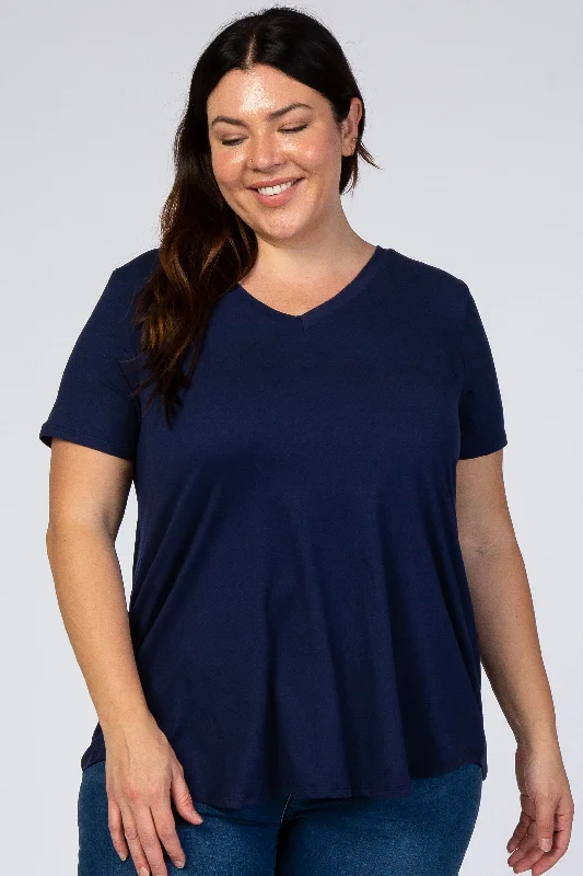 Navy Blue V-Neck Short Sleeve Plus Top Style Beyond Borders