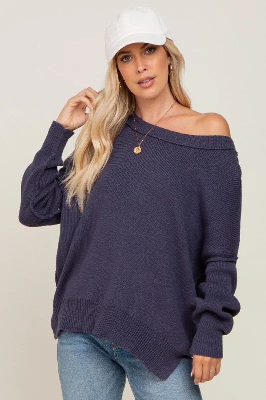 Navy Exposed Seam Side Slit Sweater Save On Classic Elegant Styles