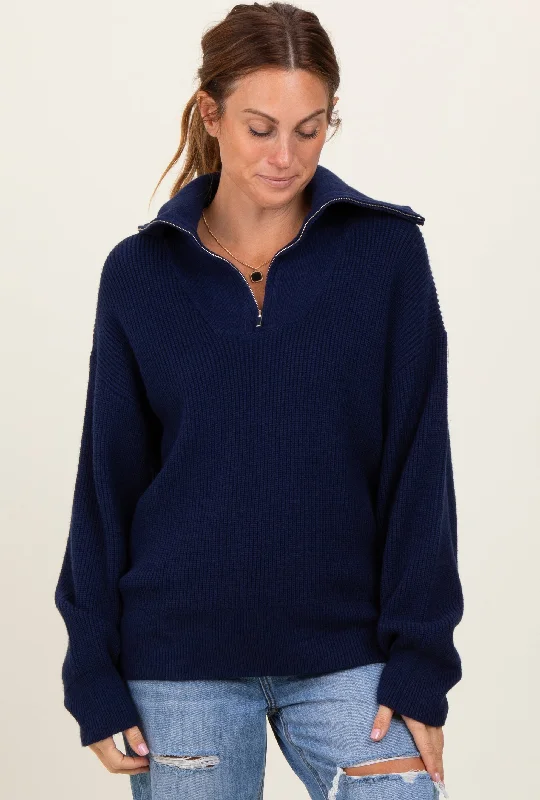 Navy Half Zip Chunky Knit Pullover Sweater Hot Picks