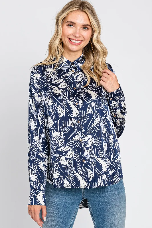 Navy Leaf Print Satin Button Up Blouse Seasonal Picks