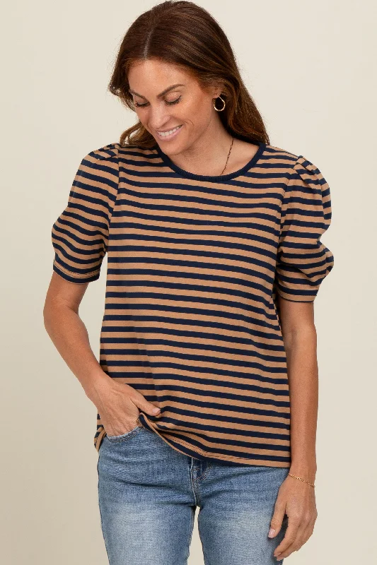 Navy Multi Striped Puff Sleeve Knit Top Chic Trends Unveiled