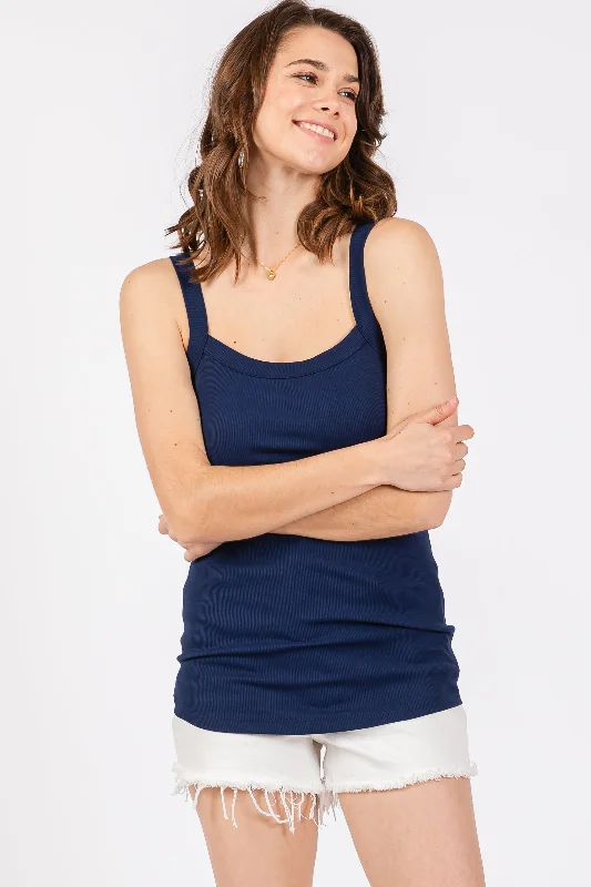 Navy Ribbed Sleeveless Tank Top Feminine Charm