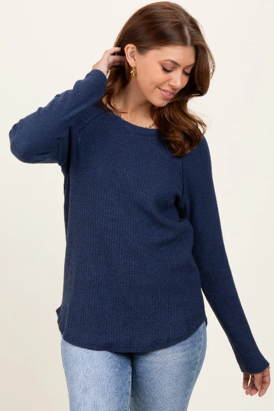 Navy Waffle Knit Raglan Long Sleeve Top Premium Quality Garments