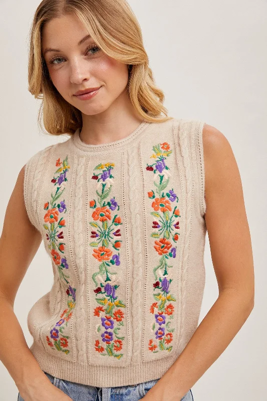 Oatmeal Embroidered Sleeveless Knit Tank Top Versatile Wardrobe Essentials