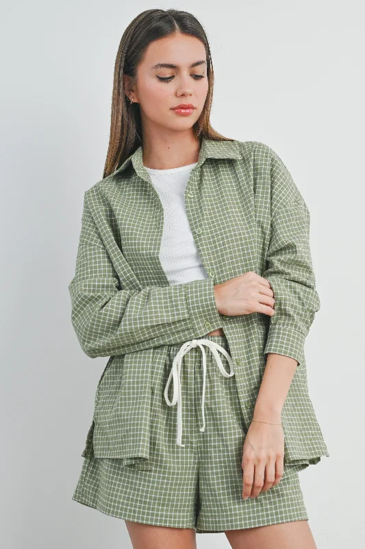 Olive Checker Plaid Button Down Shirt Sophisticated Fashion