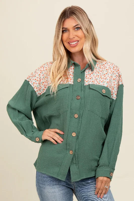 Olive Colorblock Floral Button Down Stylish Looks