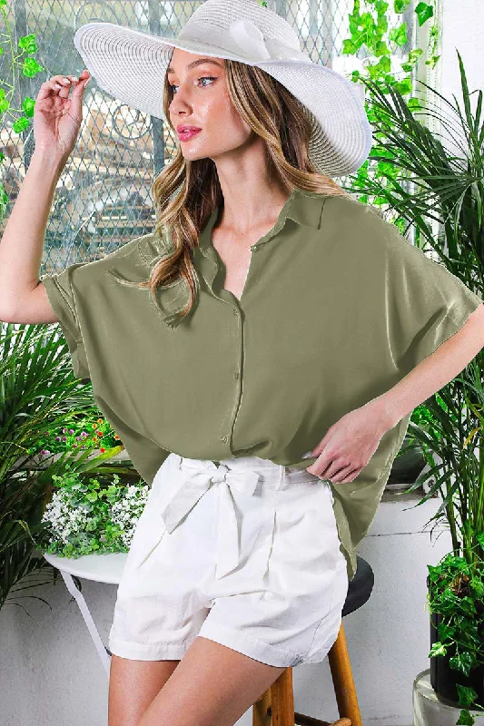 Olive Dolman Sleeve Button Down Blouse Casual Weekend Relaxed Style