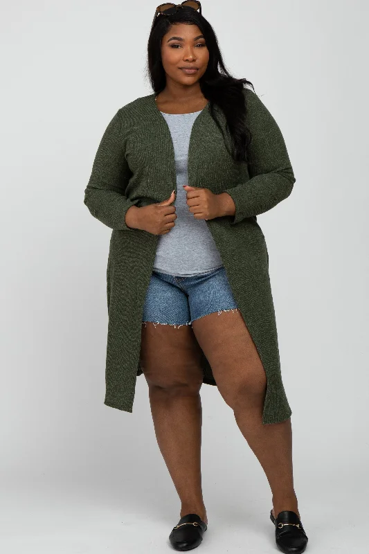 Olive Heathered Ribbed Side Slit Long Plus Cardigan Mega Sales