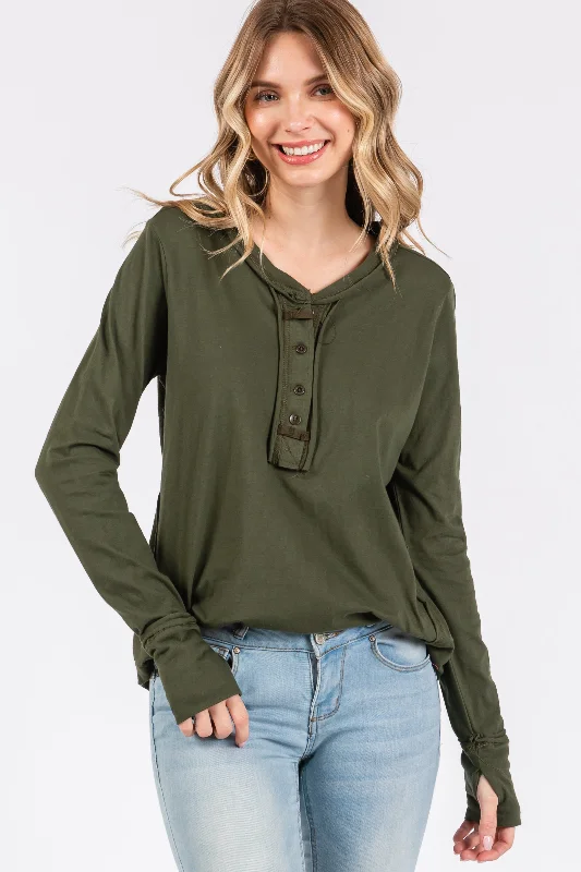 Olive Long Sleeve Exposed Seam Top Clearance Sale, All Cheap