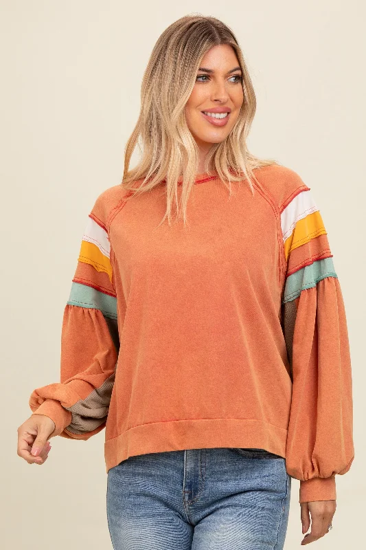 Orange Colorblock Bubble Sleeve Pullover Summer Essentials