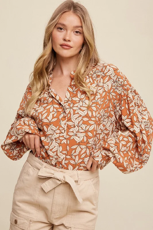 Orange Leaf Print Button Up Top Sophisticated Cut