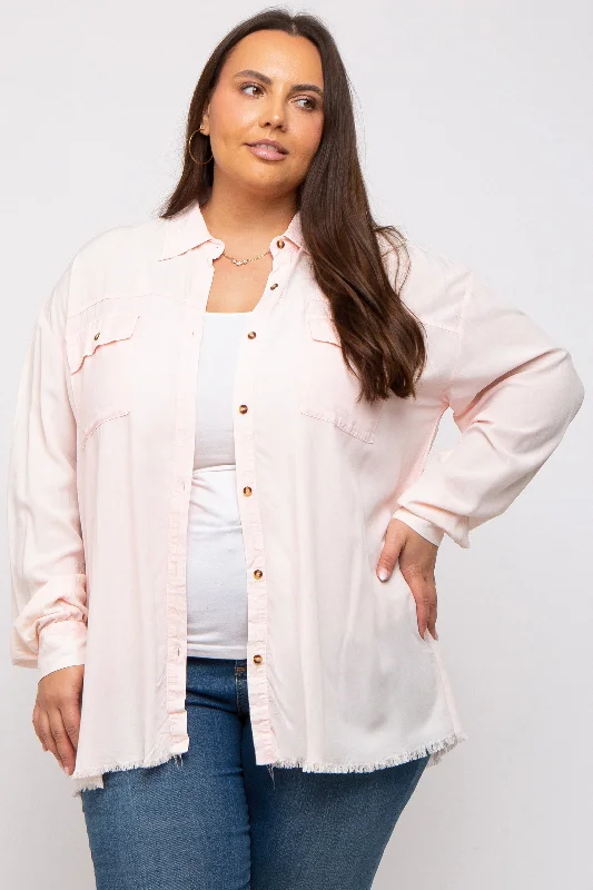 Peach Button Up Fringe Hem Plus Top Luxe Layering