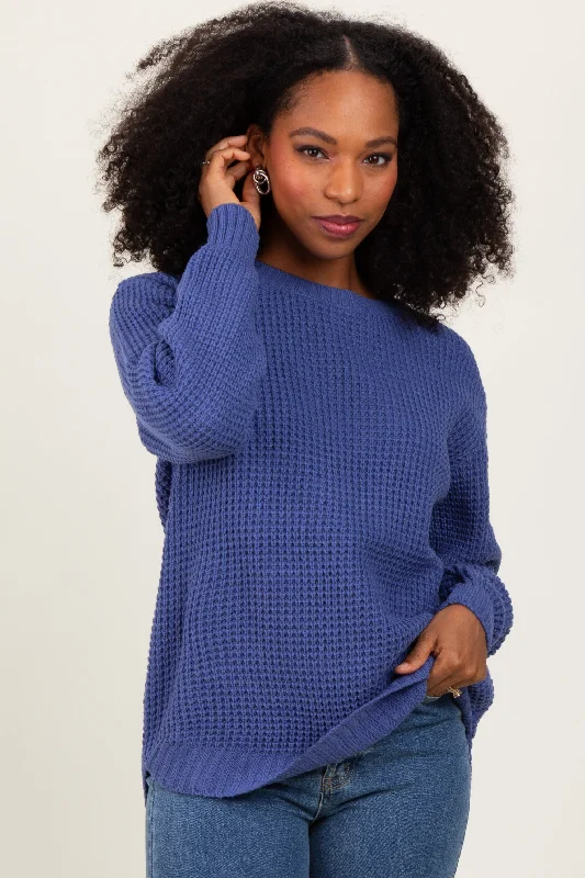 Periwinkle Waffle Knit Rounded Hem Sweater Seasonal Style Discounts