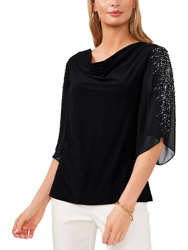 Petites Womens Embellished Cowl Neck Pullover Top Trendy Street Style