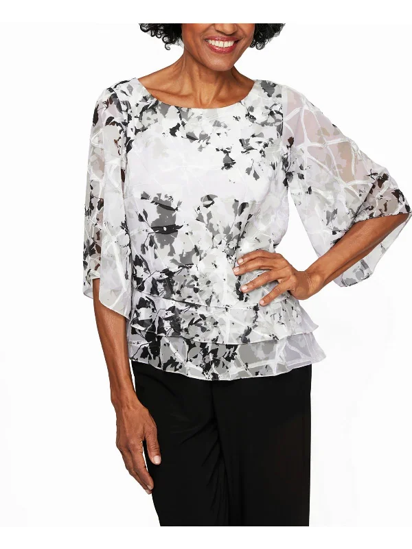 Petites Womens Printed Tiered Blouse Trendy Attire For Her