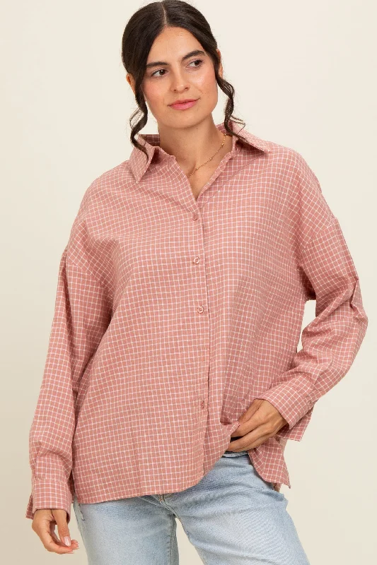 Pink Checker Plaid Button Down Shirt Classic Women's Fashion