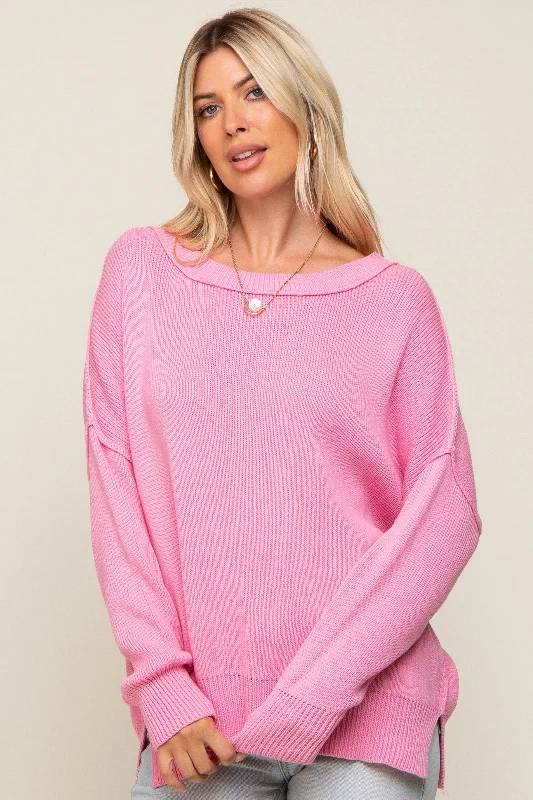 Pink Exposed Seam Side Slit Sweater Elegant Details