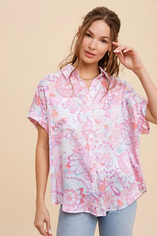 Pink Floral Button Down Blouse Flash Sale, Don't Miss