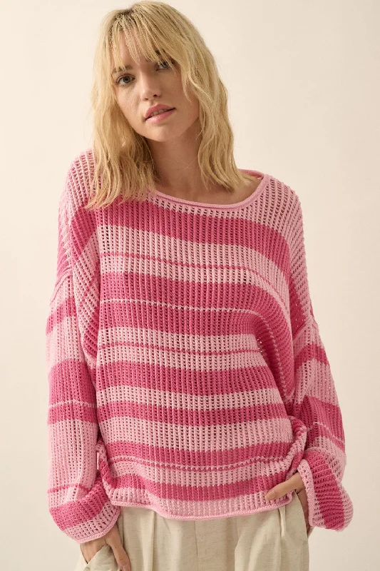 Pink Oversized Stripe Colorblock Crochet Knit Sweater Limited Quantities