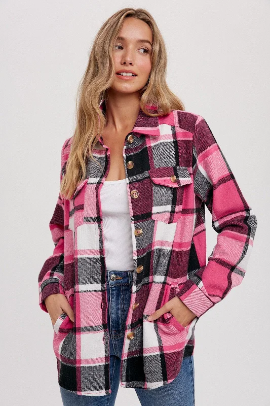 Pink Plaid Shirt Jacket Flowing Silhouette