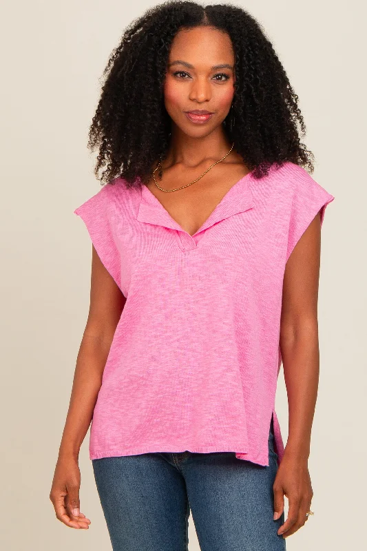 Pink Two Tone Split V-Neck Dolman Short Sleeve Top Charming Silhouette