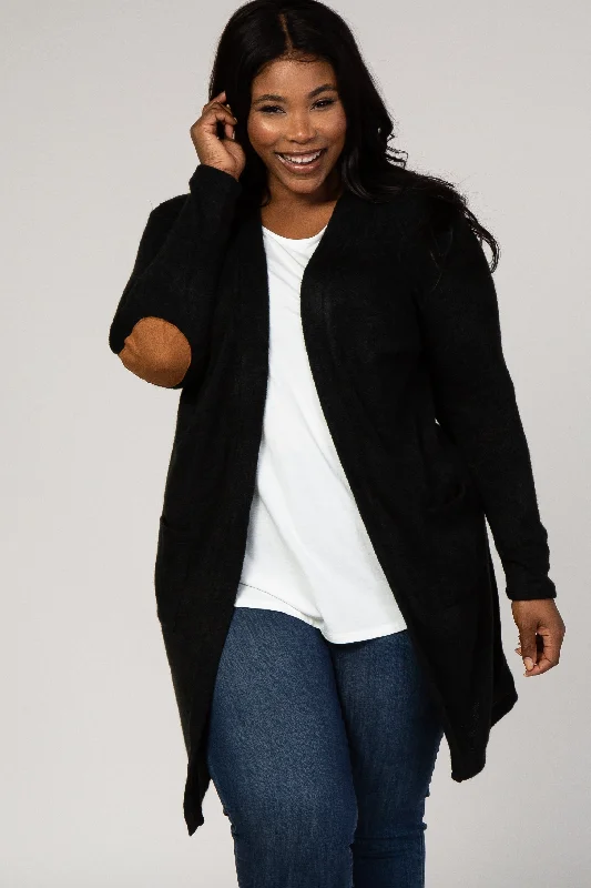 PinkBlush Black Solid Knit Elbow Patch Plus Cardigan Weekend Exclusive