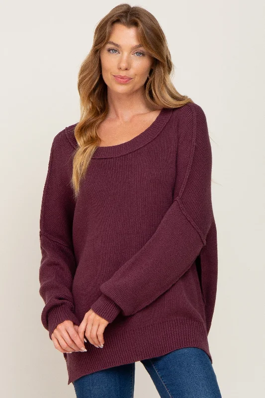 Plum Exposed Seam Side Slit Sweater Vintage Retro Party Wear