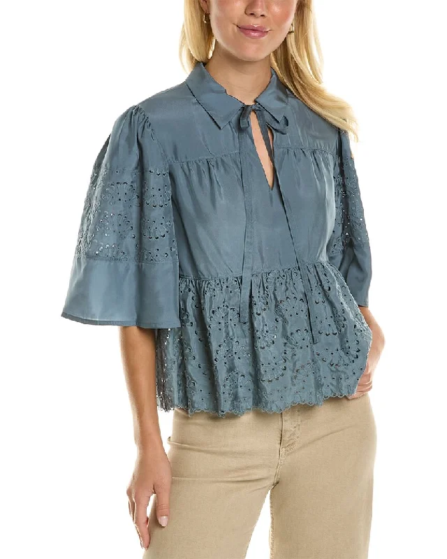 Rebecca Taylor Eyelet Mock Silk Top Trendy New Clothes