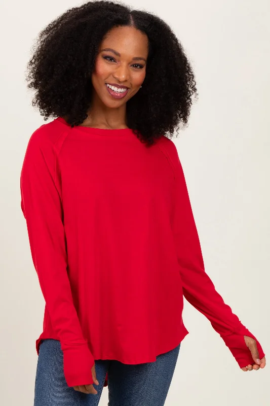 Red Exposed Seam Long Sleeve Top Casual Elegance