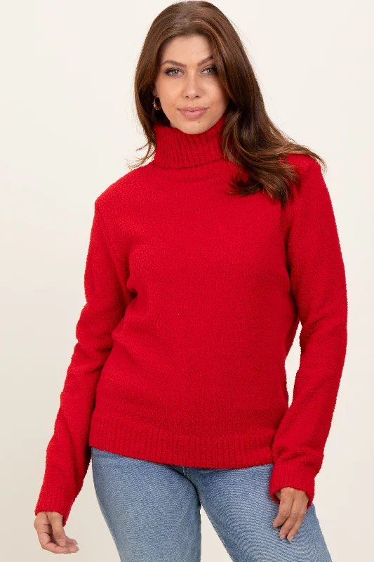 Red Turtleneck Chenille Knit Sweater Break Fashion Norms