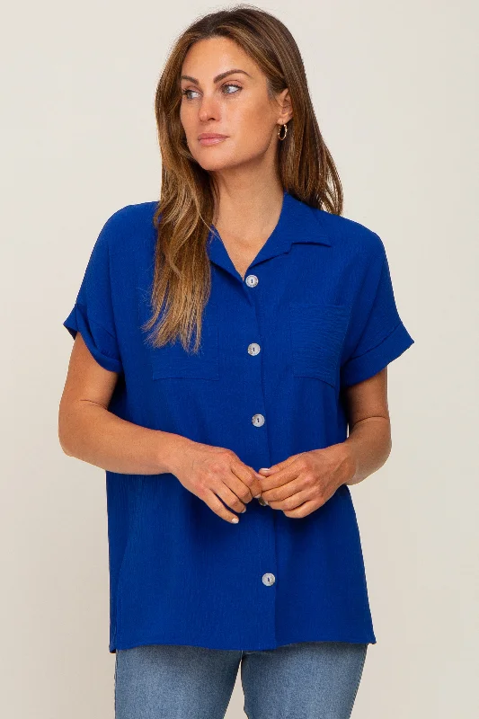 Royal Blue Collared Button-Down Short Sleeve Blouse Stylish Basics