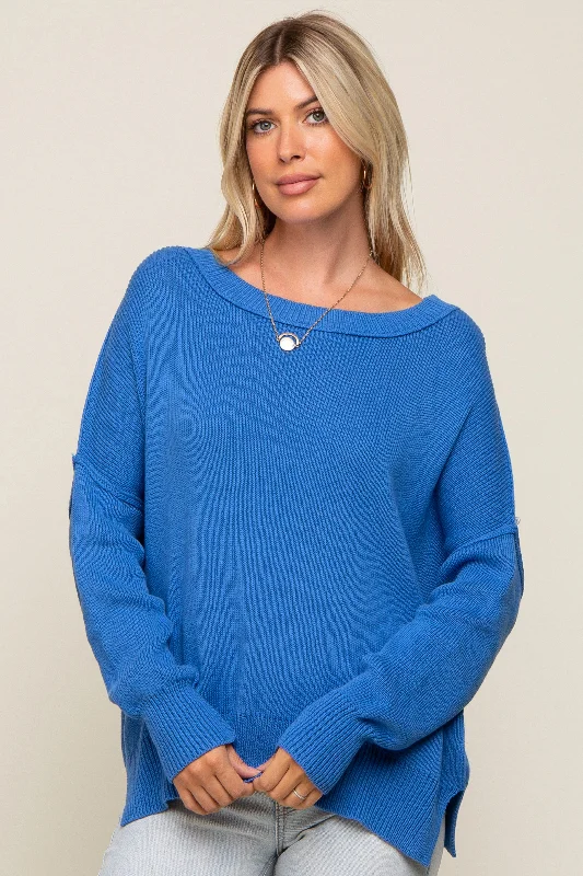 Royal Blue Exposed Seam Side Slit Sweater Feminine Allure