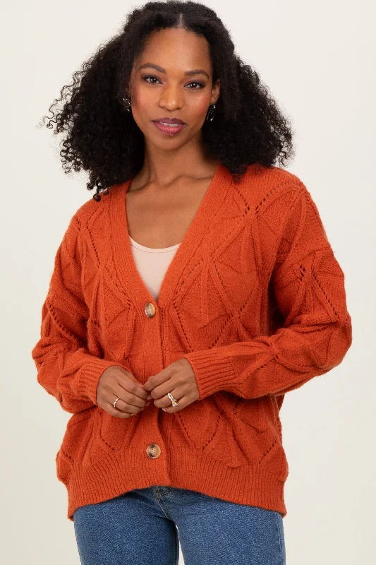 Rust Diamond Knit Button Up Sweater Cardigan Trendy Street Style