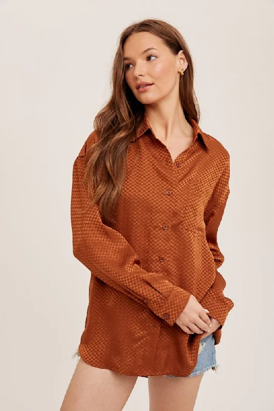 Rust Satin Checkered Print Blouse Wardrobe Update