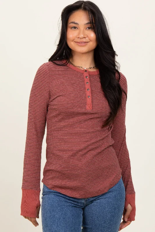 Rust Striped Snap Button Henley Top Forward Trendsetter