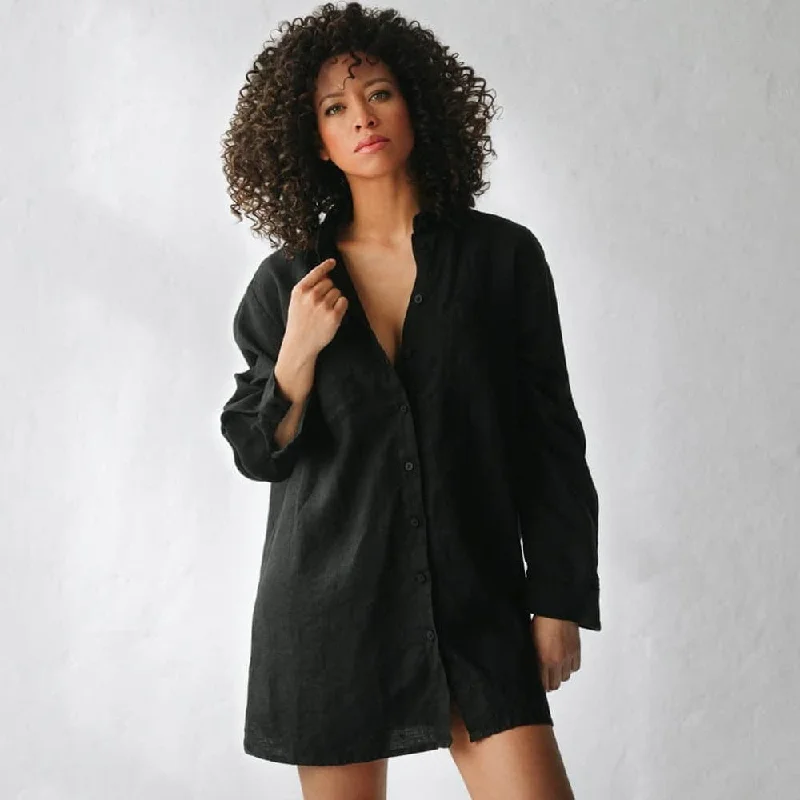 Seaside Tones Linen Boyfriend Shirt - Black Elegant Simplicity Wardrobe