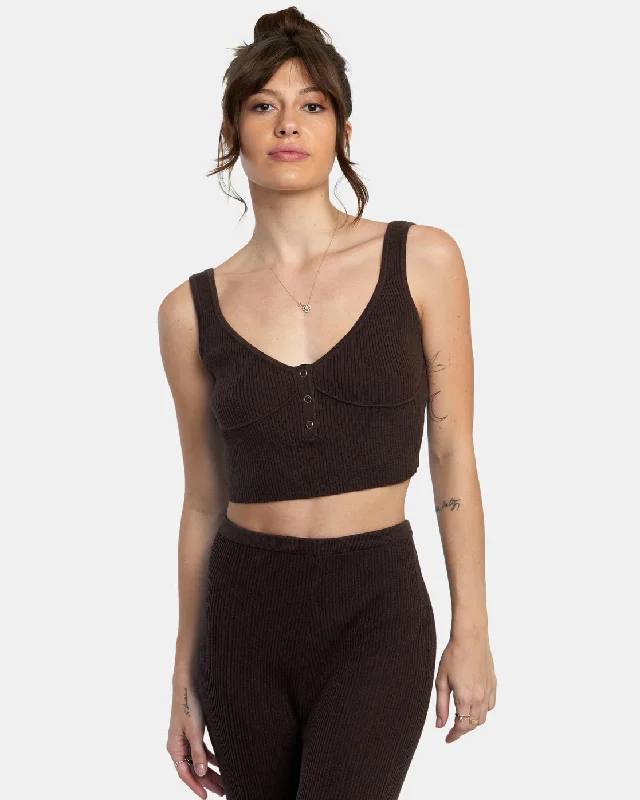 Swerve Henley Rib Knit Crop Top - Java Exclusive Sale