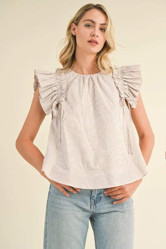 Taupe Drawstring Flutter Sleeve Babydoll Top Quality Driven Apparel