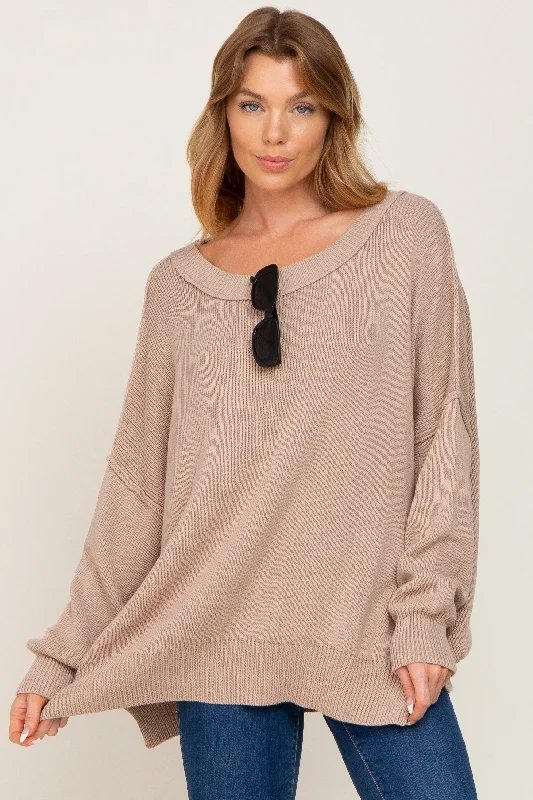 Taupe Exposed Seam Side Slit Sweater Fashion Forward Style