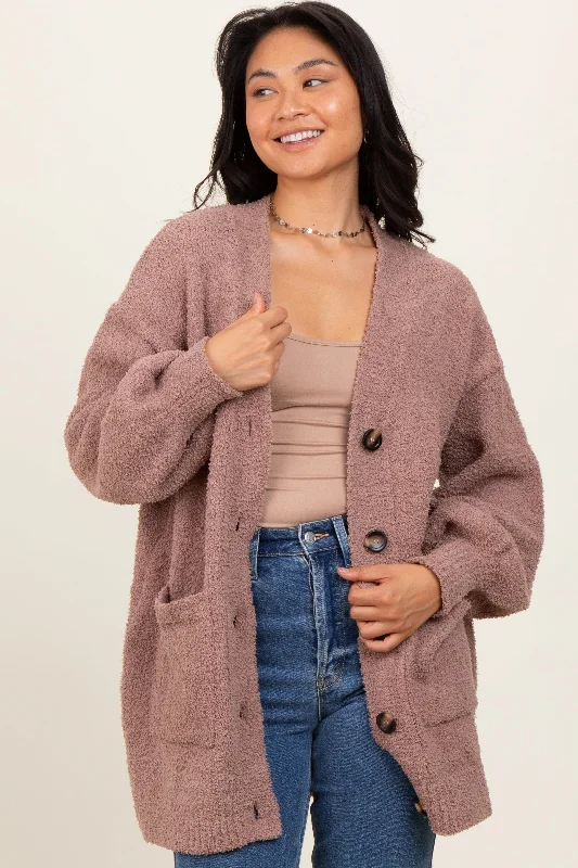 Taupe Fuzzy Knit Oversized Button Up Cardigan Travel Essentials