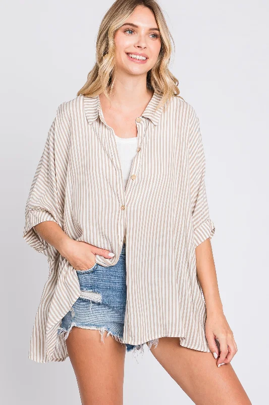 Taupe Striped Button Up Dolman Top Versatile Wardrobe Essentials