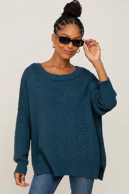 Teal Exposed Seam Side Slit Sweater Tropical Island - Inspired Attire