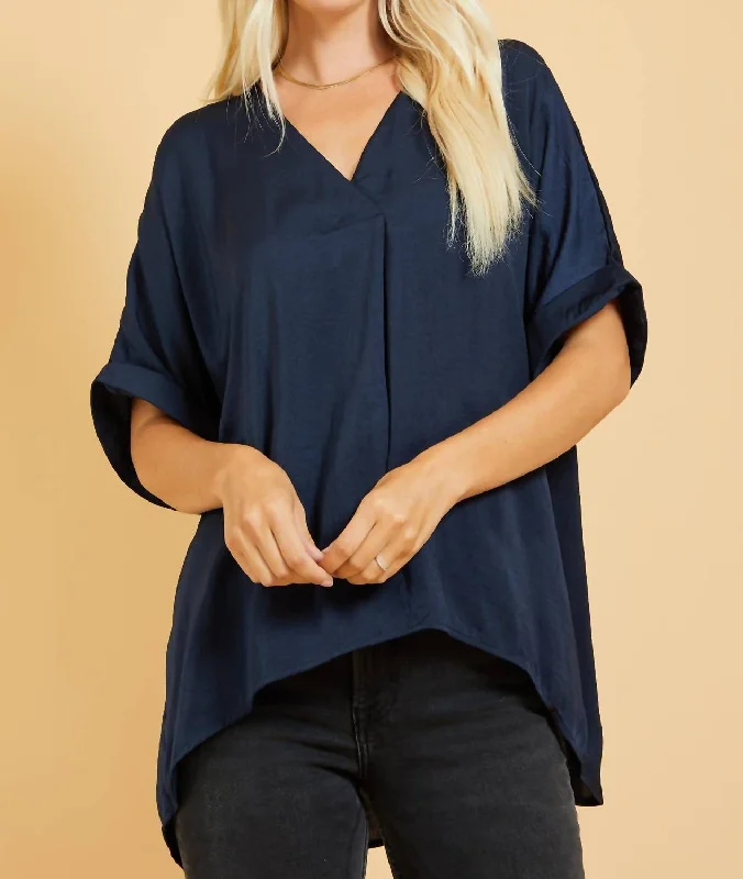 V-Neck High-Low Top In Navy Sustainable Fashion Extravaganza